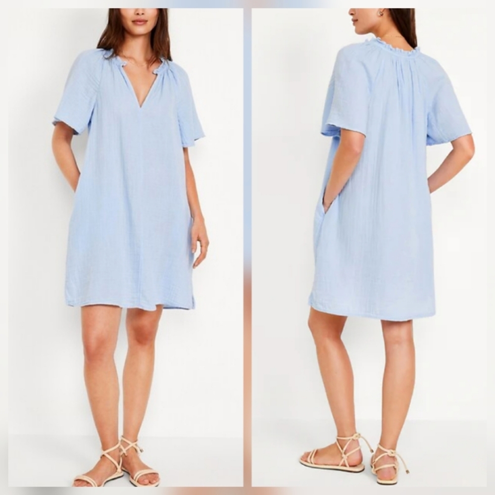 Old Navy Light Blue Split Neck Crinkle Gauze Mini Swing Dress sz S